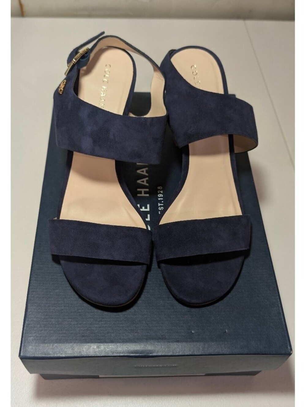 Cole Haan Octavia Sandal II Marine Blue Suede Block Heel Women's Size 7 B